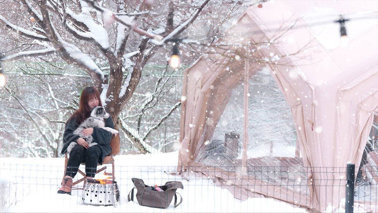 Отдыхаю в СНЕГОПАД и БУРЮ со своей маленькой собачкой в воздушной палатке, уютно и расслабляюще ASMR