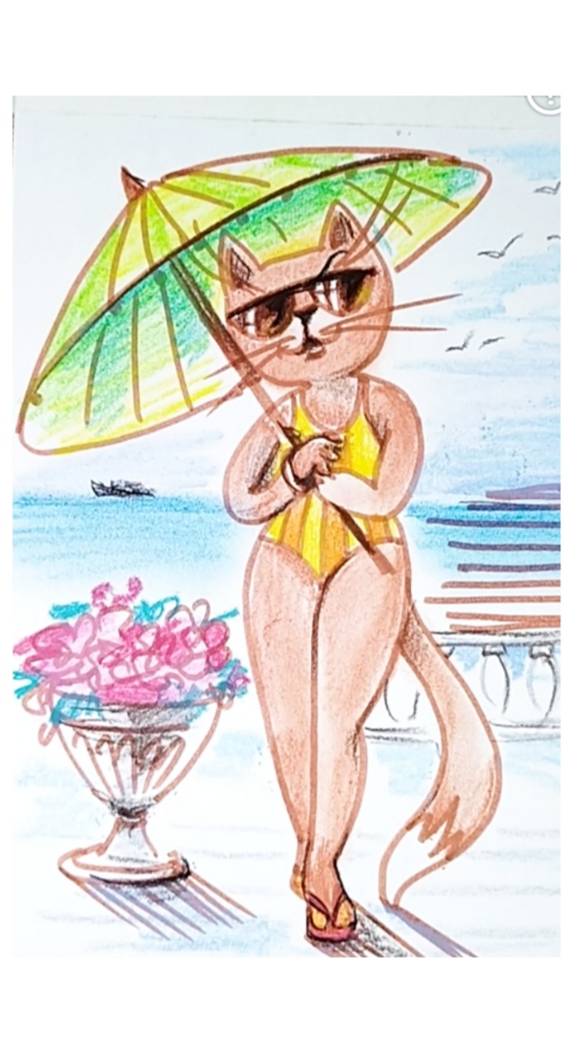 Кошечка на море. Иллюстрация.