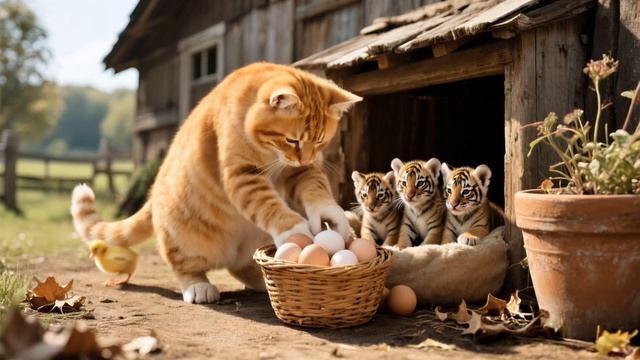 Кошка мама спасает тигрят.
