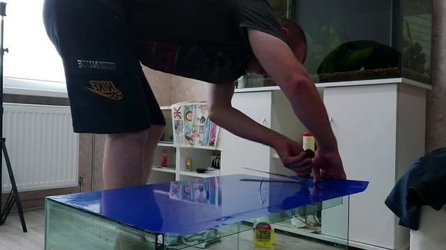 Клею аквариумный фон на глицерин. Установил аквариум на стеллаж.
