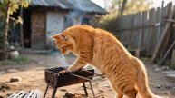 Семья кошек собирают устрицы, готовят и едят.