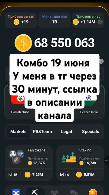 комбо карточки 19 июня Hamster Kombat/ комбо 19.06 Hamster Kombat/ #hamsterkombat #комбо #шифр