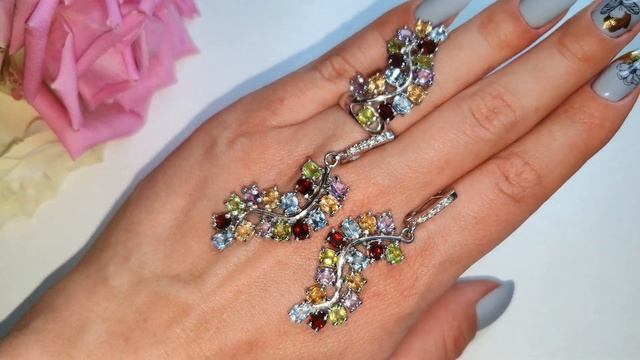 Серебряный Набор с Аметистами, Гранатами, Перидотом (Х