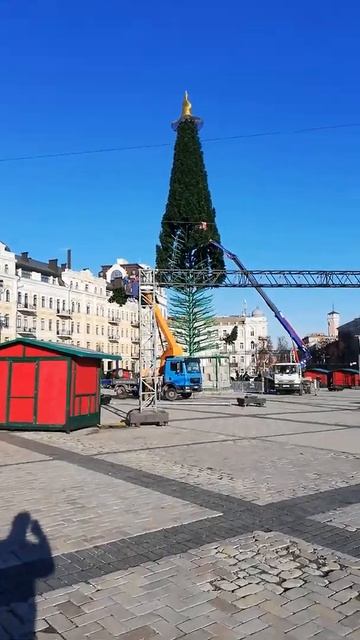Монтаж главной новогодней ёлки в Киеве. 6 декабрь 2020 г.