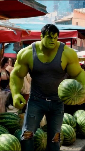 Hulk selling watermelons in a marketplace
