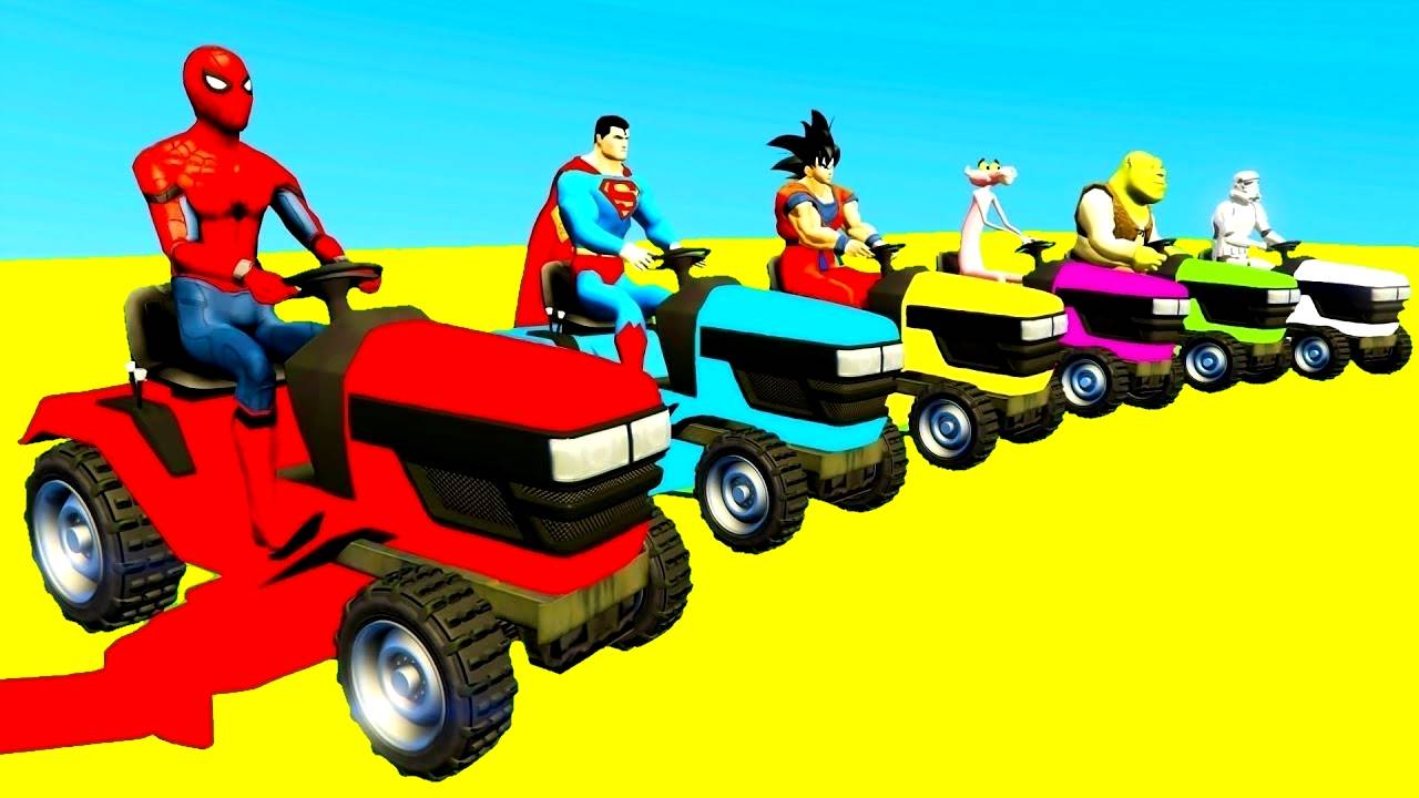 Мультики с цветными тракторами и вертолетами на полосе препятствий с супергероями для детей