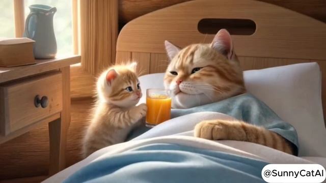 Котёнок ухаживает и кормит больную маму.