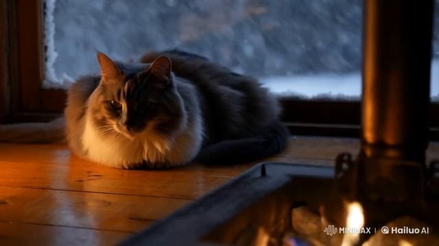 кот греётся возле печи