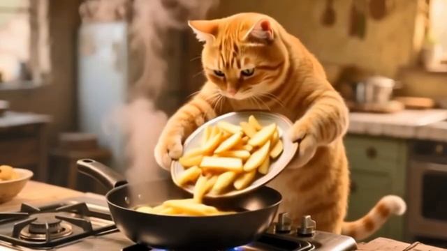 The cat family harvested potatoes and took them home to cook delicious food.#cat#cooking