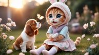 Tiny Cat and Puppy in Miniature Garden