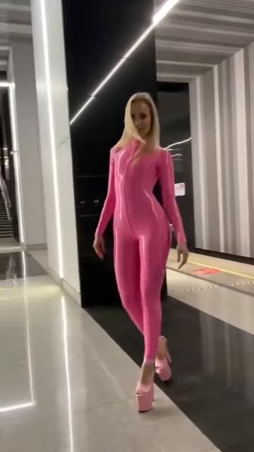 Full Pink Style： Latex Catsuit with High heels