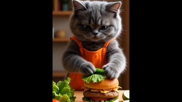 Кот Мася готовит гамбургер