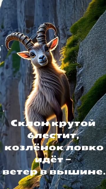 Склон крутой блестит, козлёнок ловко идёт — ветер в вышине.