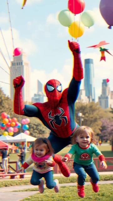 Superheroes interacting with children