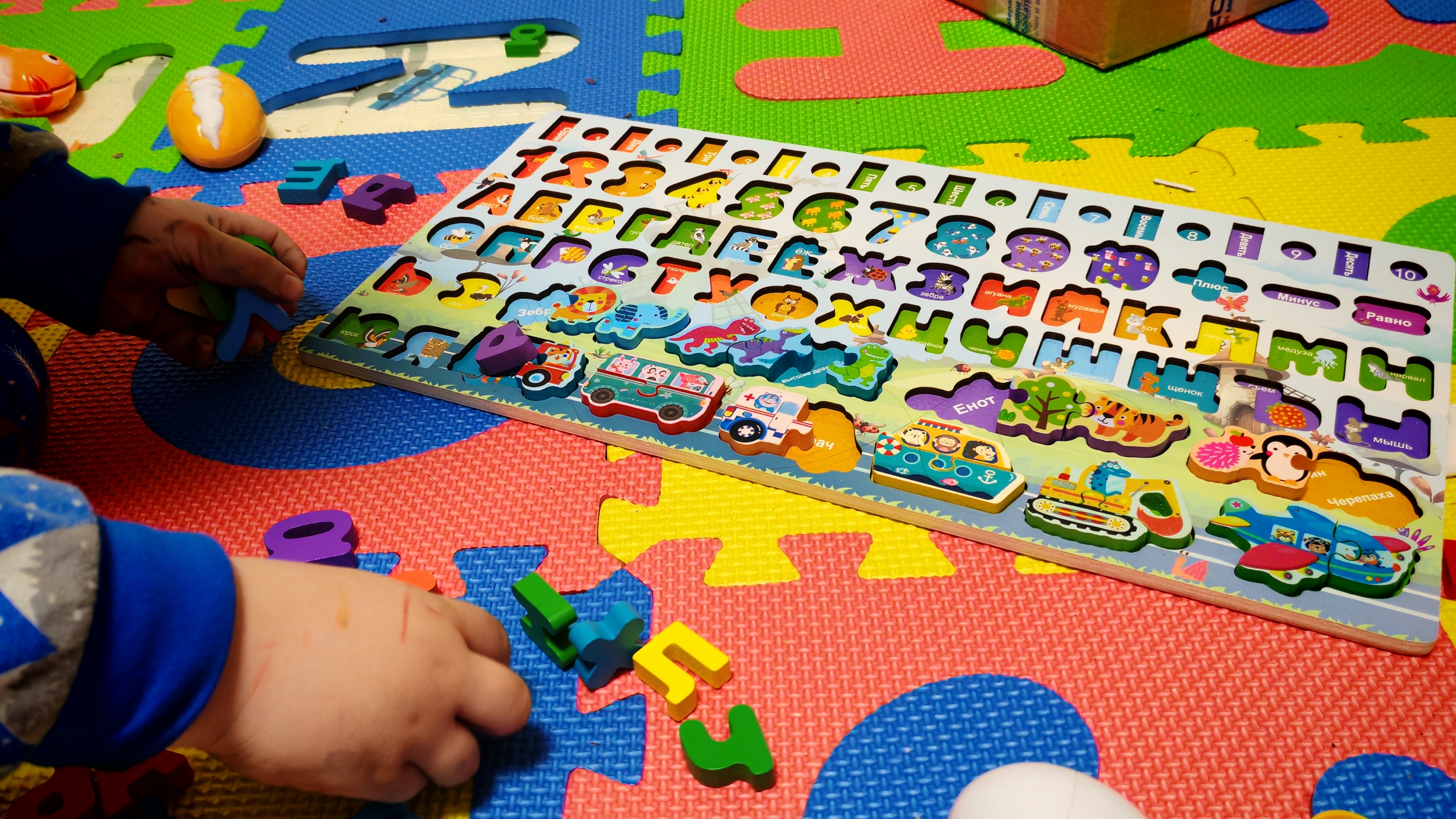 играем в деревянный сортер для детей с буквами и цифрами