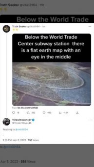 Под станцией метро Всемирного торгового центра есть карта плоской земли с глазом посередине.