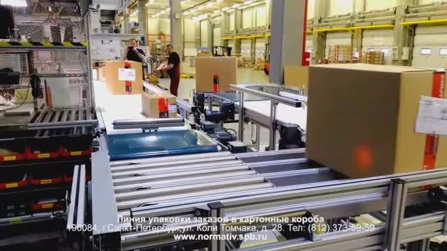Линия упаковки заказов в картонные короба - промышленная автоматизация для склада товаров.