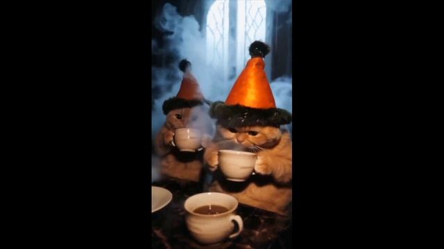 Милые котики пьют чай