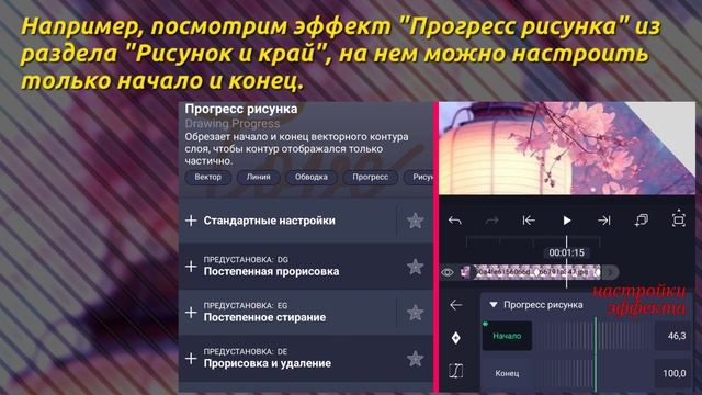 Добавление эффектов и их настройки.