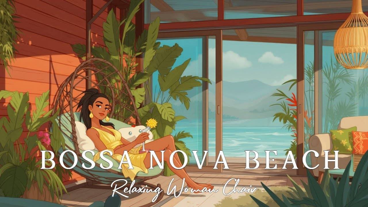 Serene Coastal Bossa Nova Music Relaxing Woman Enjoying Ocean View Peaceful Vibes