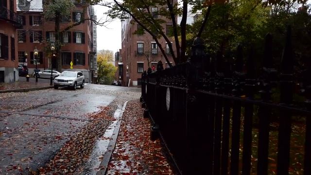 Walking in the Rain in Boston, MA (Binaural Rain on Umbrella Sounds in Beacon Hill) 4k ASMR