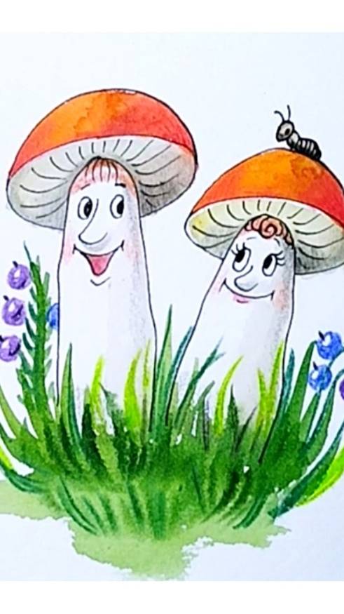 Мультяшные грибочки, рисунок линером и красками.