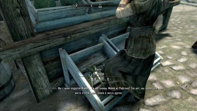 Skyrim. Лилит Ткачиха встала ногой в ящик с луком на рынке