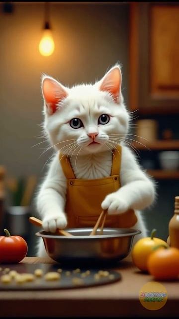 Белый котик готовит