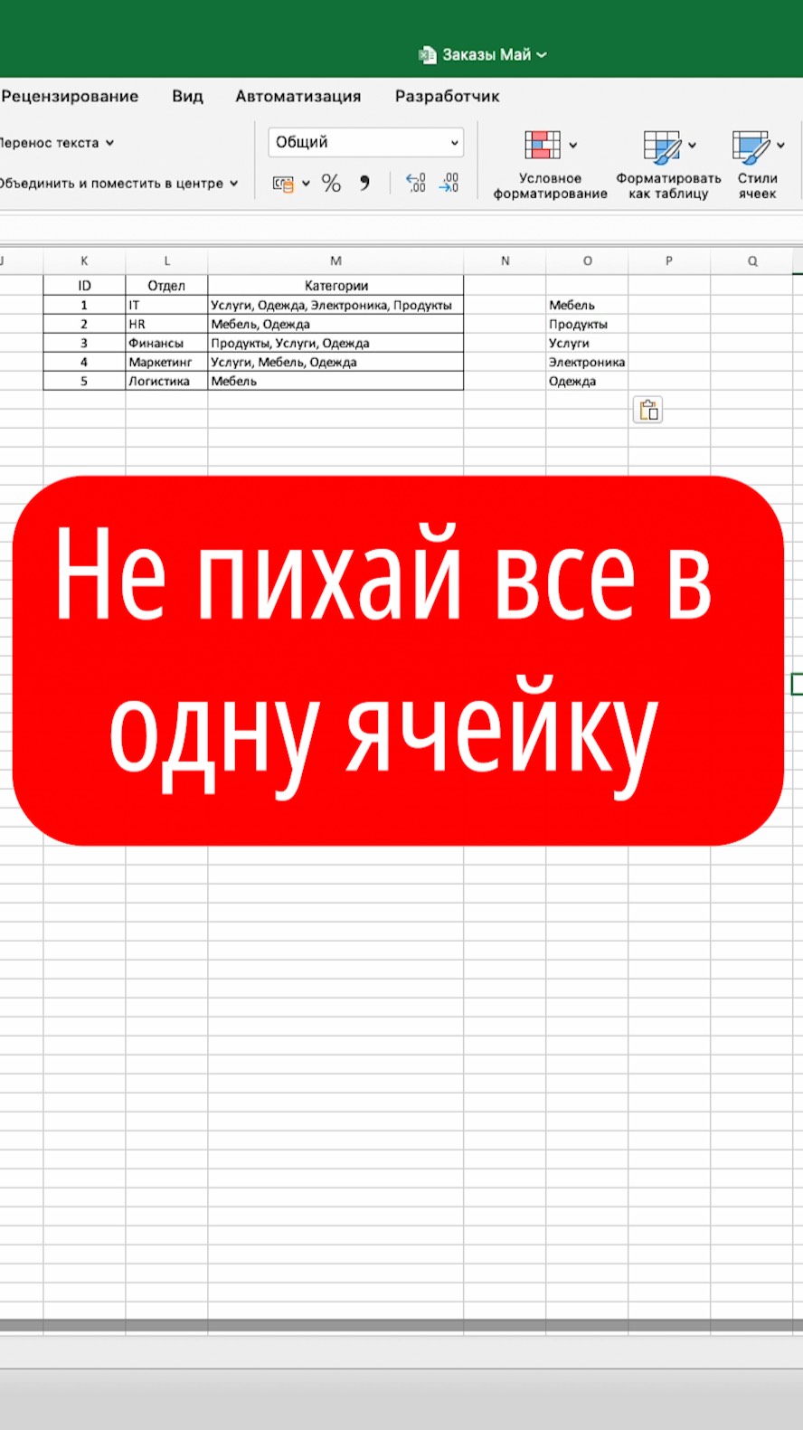 Пихаешь всё в одну ячейку?