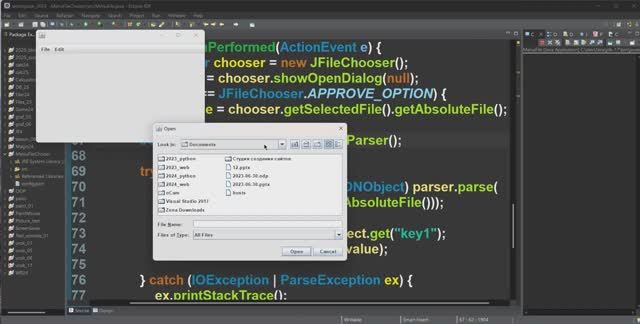Java: получить данные из JSON-файла с выбором файла через JFileChooser