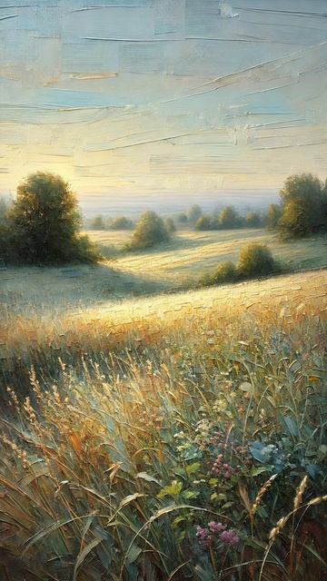Летнее поле на рассвете в мягких, приглушённых тонах  (картина #484) \ Художник: Нормов