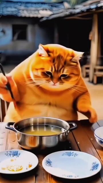 Рыжий котик из нейросети кашеварит