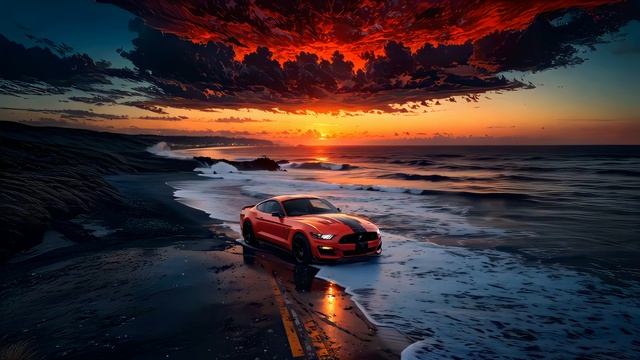 Мустанг на Побережье | Mustang On The Beach – Evening Landscape - Живые Обои