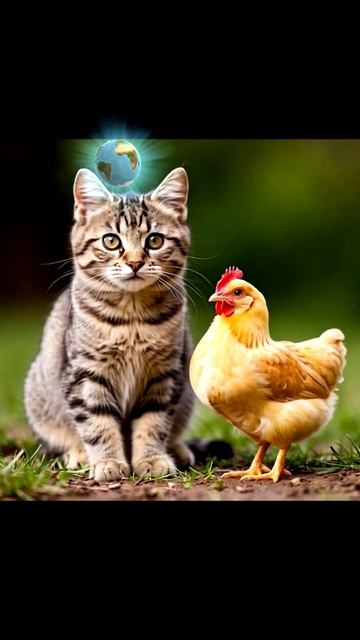 Милый котик танцует с цыпленком