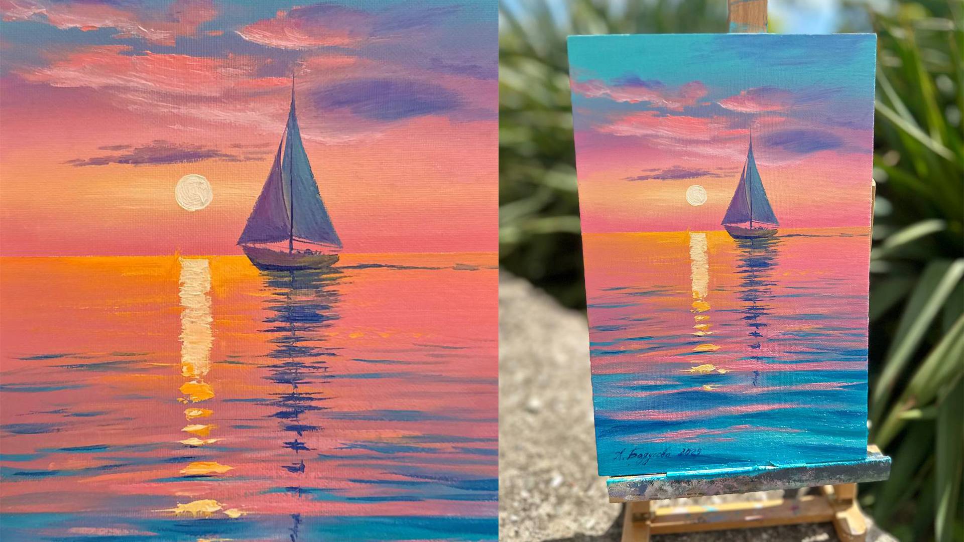 ЯРКИЙ МОРСКОЙ ПЕЙЗАЖ С ЯХТОЙ | Парусник выходит в море на рассвете | OIL PAINTING TIME LAPSE