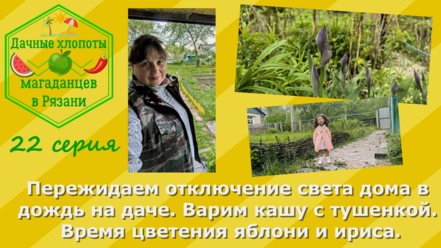 Пережидаем отключение света дома в дождь на даче. Варим кашу с тушенкой. Цвете яблоня и ирисы