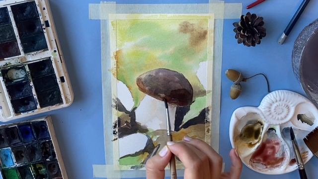 Поэтапно рисуем осенний скетч с грибами акварелью. Ле?