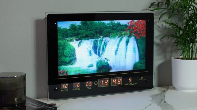 3245DC-09  Картина с подсветкой с часами и календарем, "Водопад и птички" (32х45см)