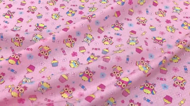 Ситец "Совушки с пирожными на розовом", ш.0.95м, хлопок-100%