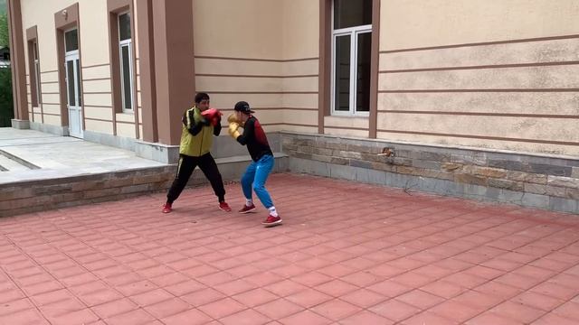 Работа на лапах,отработка прямые удары.