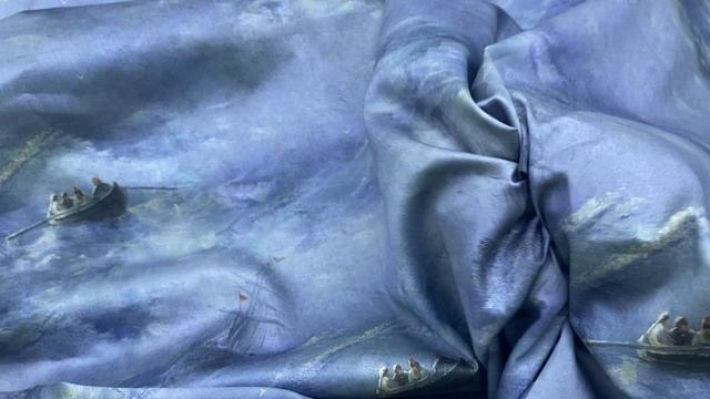 Хлопок синего цвета с принтом море, лодки 14241