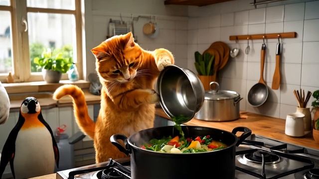 The kitten saved the penguin and took it home, then prepared delicious food for it. #cat #catts