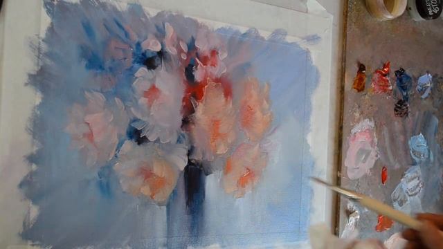 Оттаявшие цветы, картина маслом и мастихином. Моя живо