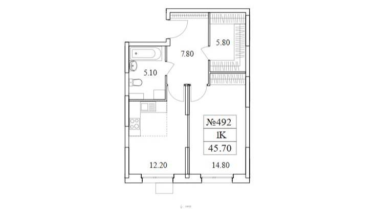 Однокомнатная квартира с отделкой 45.7кв.м.  ЛОТ492