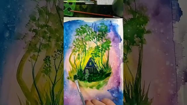 Draw with me. Watercolor. Fairy house. Рисуй со мной, акварель, домик в лесу.