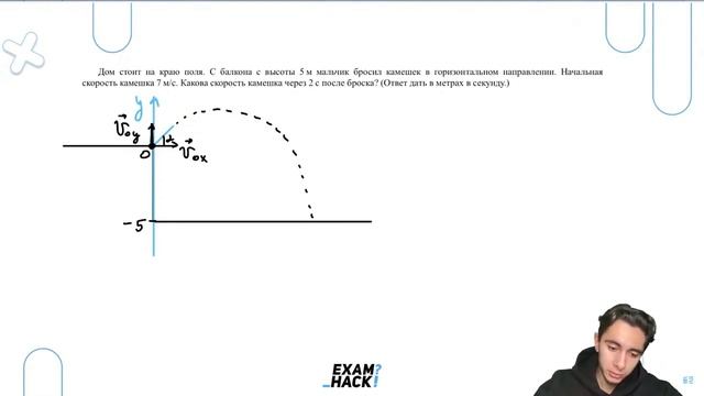 Дом стоит на краю поля. С балкона с высоты 5 м мальчик бросил камешек в горизонтальном - №30557