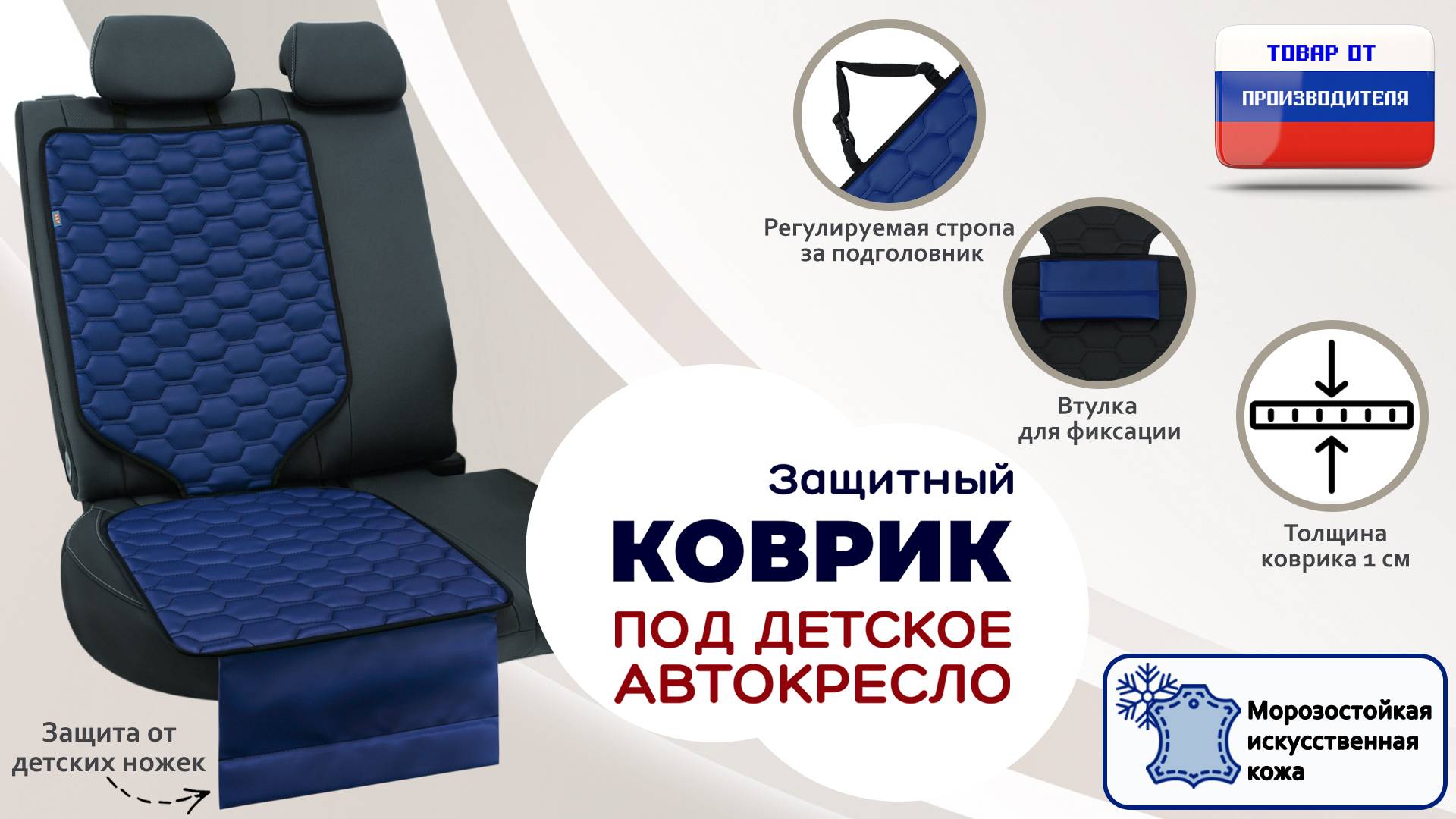Защитный коврик под кресло или бустер. Иск. кожа. Соты. Цвет: синий с черным. Промо-ролик.
