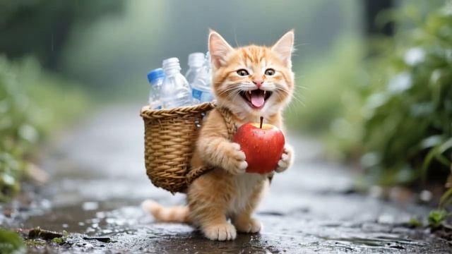 Kitten Collects Bottles, Mocked by Pigs – Kind Girl Gives Apple to Share with Mama Cat 🐾🐷