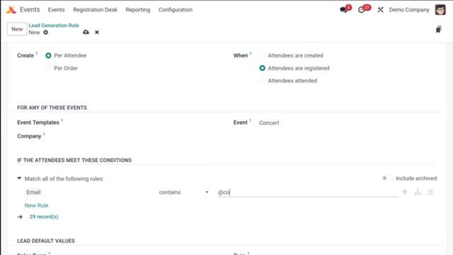 Создание правила лидогенерации в приложении Odoo 17 Event