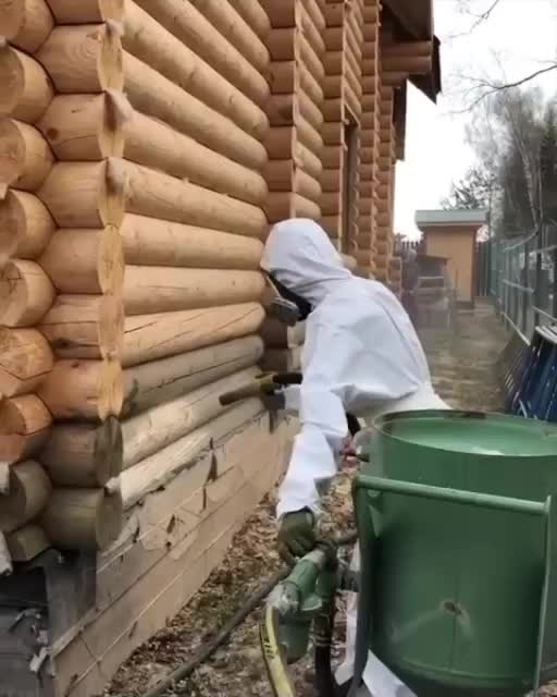 Пecкоструйная обpaботка сруба.
